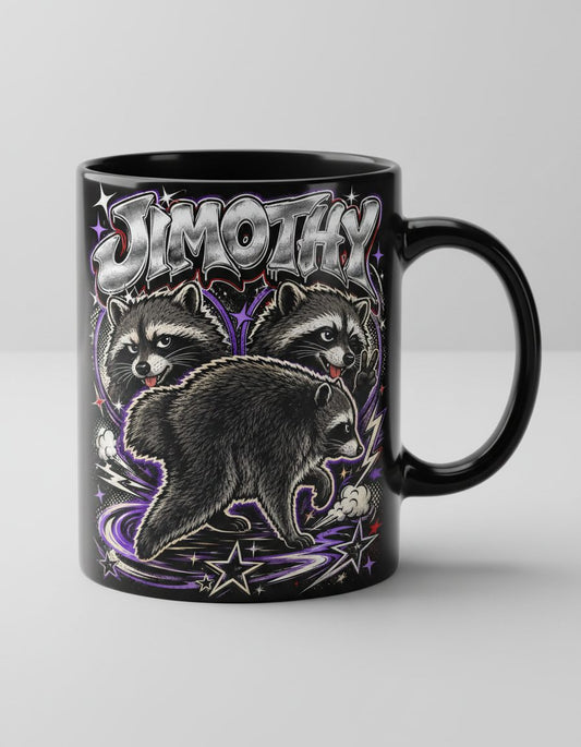 Jimothy Funny Raccoon Black Mug - product mockup - Black