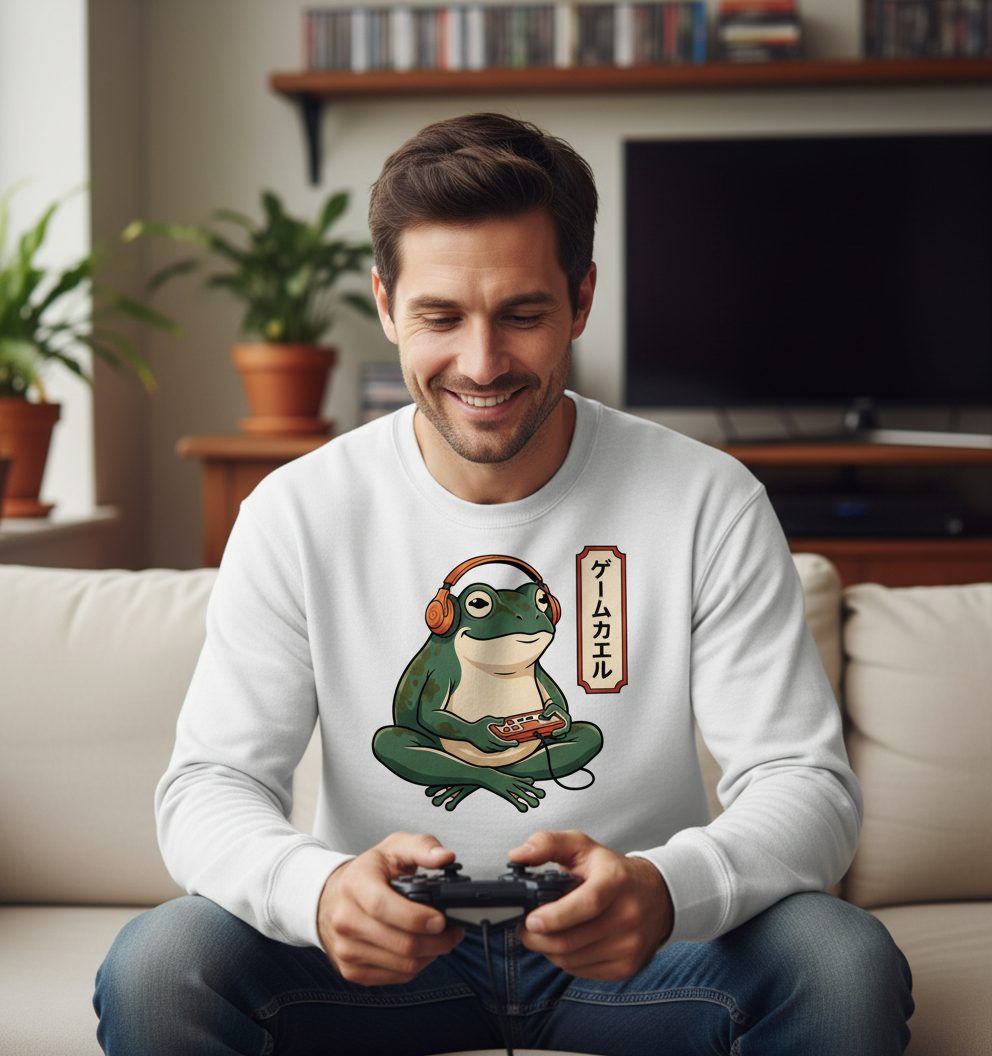 ゲームカエル gamer frog Sweatshirt White lifestyle mockup