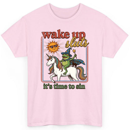 Wake Up Sluts It's Time to Sin Funny Wizard Frog T-Shirt - product mockup - Light Pink
