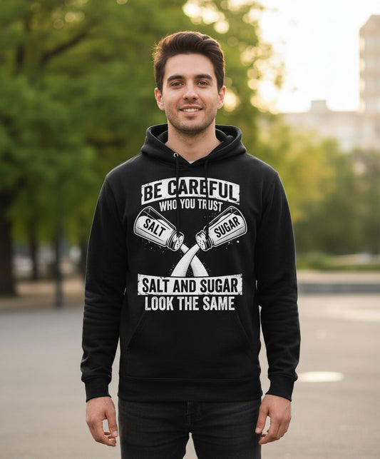 BE Careful WHO YOU TRUST SALT AND SUGAR LOOK THE SAME Hoodie - lifestyle model mockup - Black