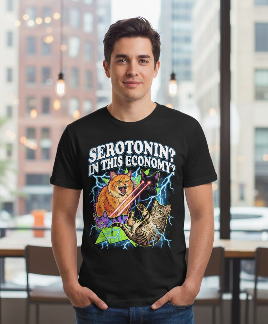 Serotonin in This Economy? cats T-Shirt Black lifestyle mockup