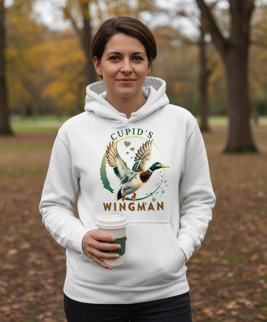 Cupid's Wingman mallard duck Hoodie White lifestyle mockup
