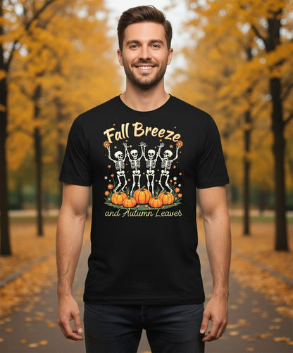 Fall Breeze and Autumn Leaves dancing skeletons T-Shirt Black lifestyle mockup