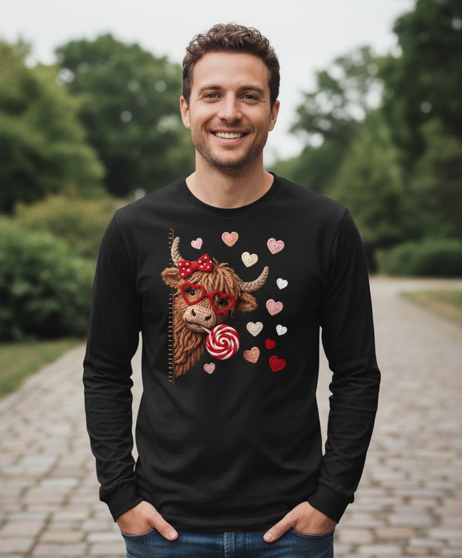Crochet Valentine's Highland Cow highland cow Long Sleeve Tee Black lifestyle mockup
