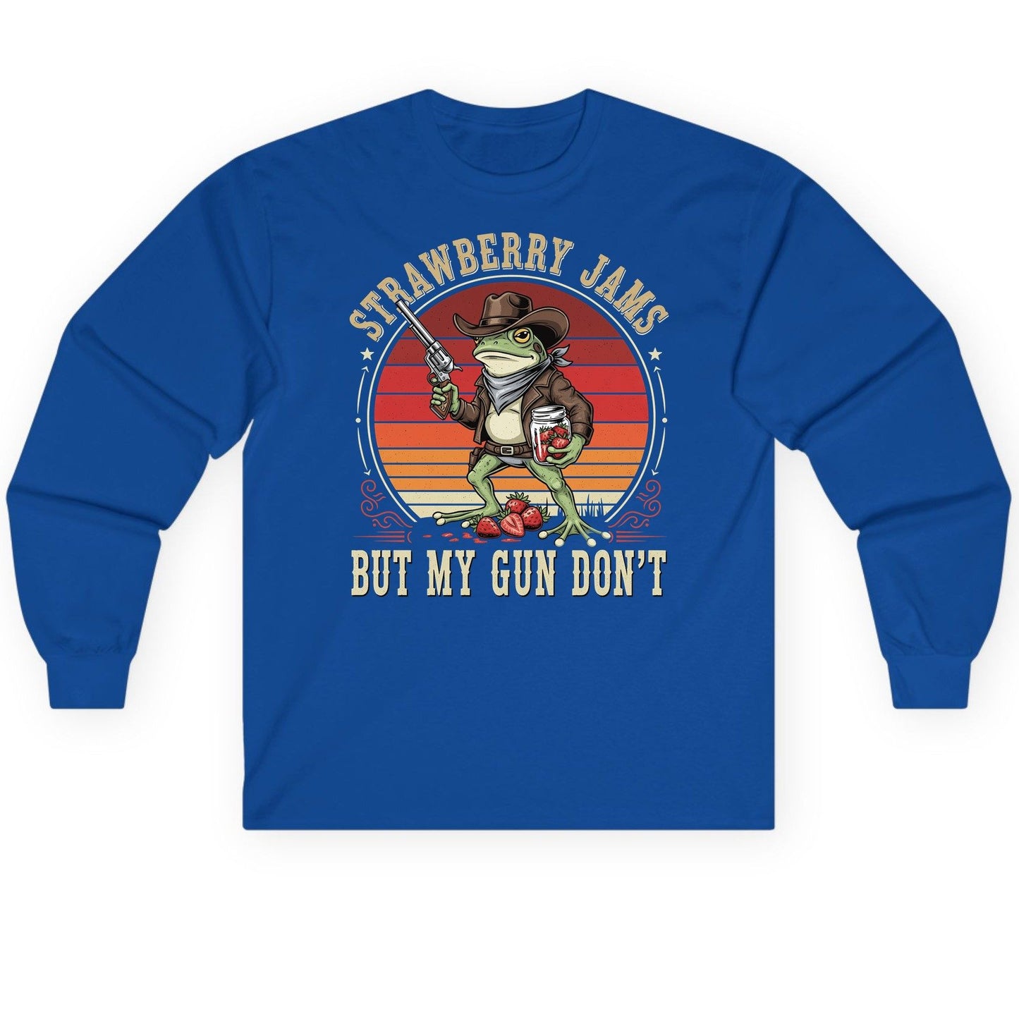 Strawberry Jams but My Gun Don't cowboy frog Long Sleeve Tee Royal product mockup