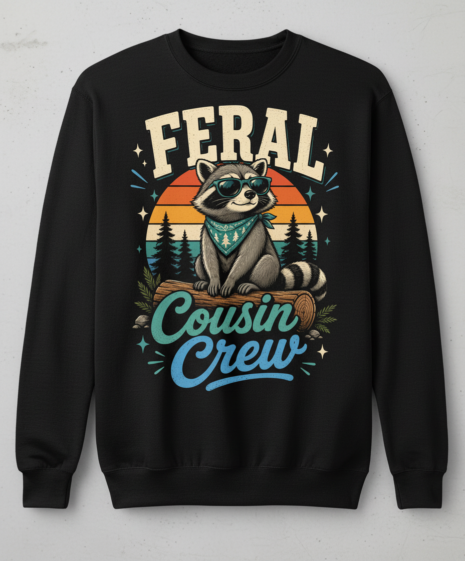 Feral Cousin Crew Raccoon T-Shirt Sweatshirt - Black