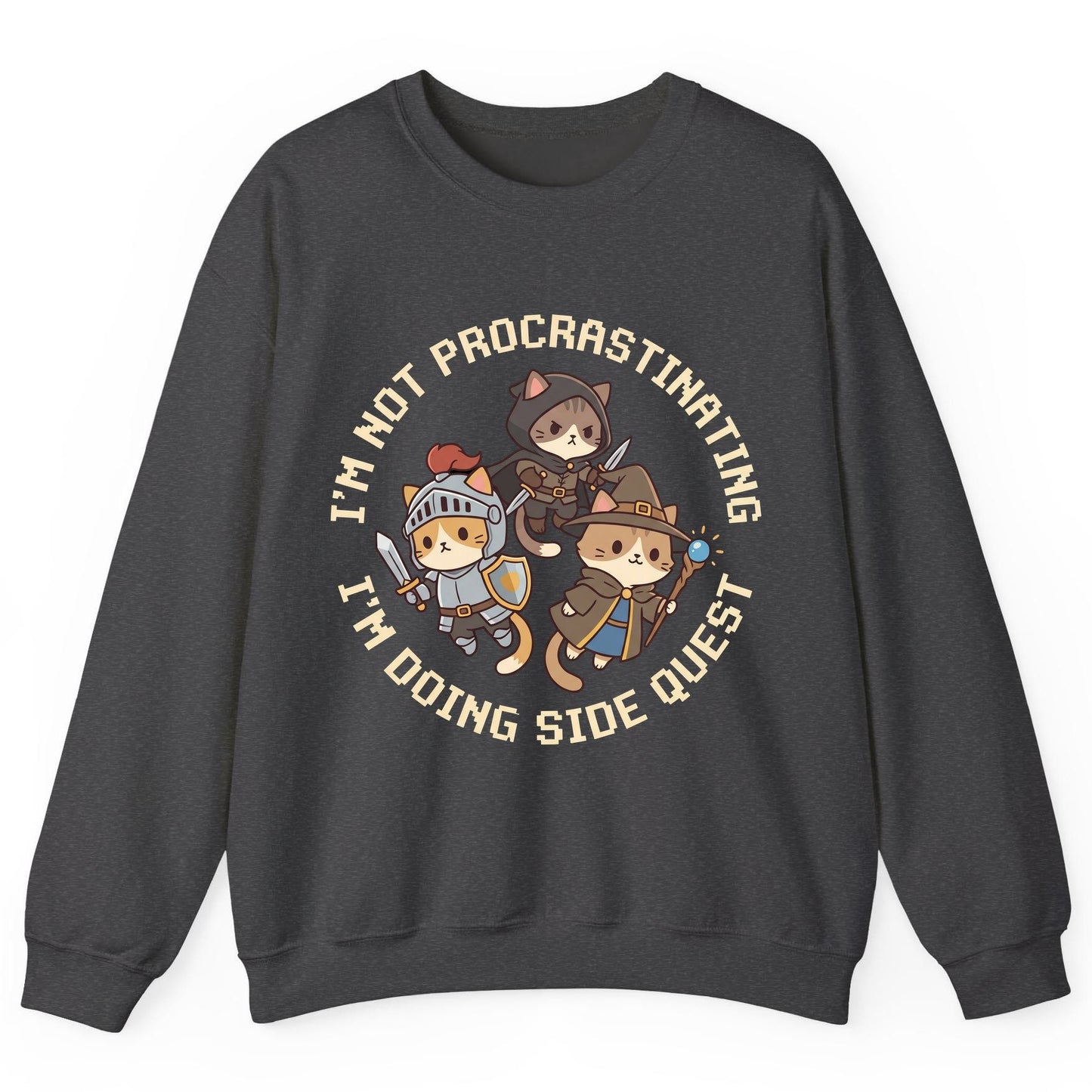 I'm Not Procrastinating I'm Doing Side Quest rpg cats Sweatshirt Dark Heather product mockup