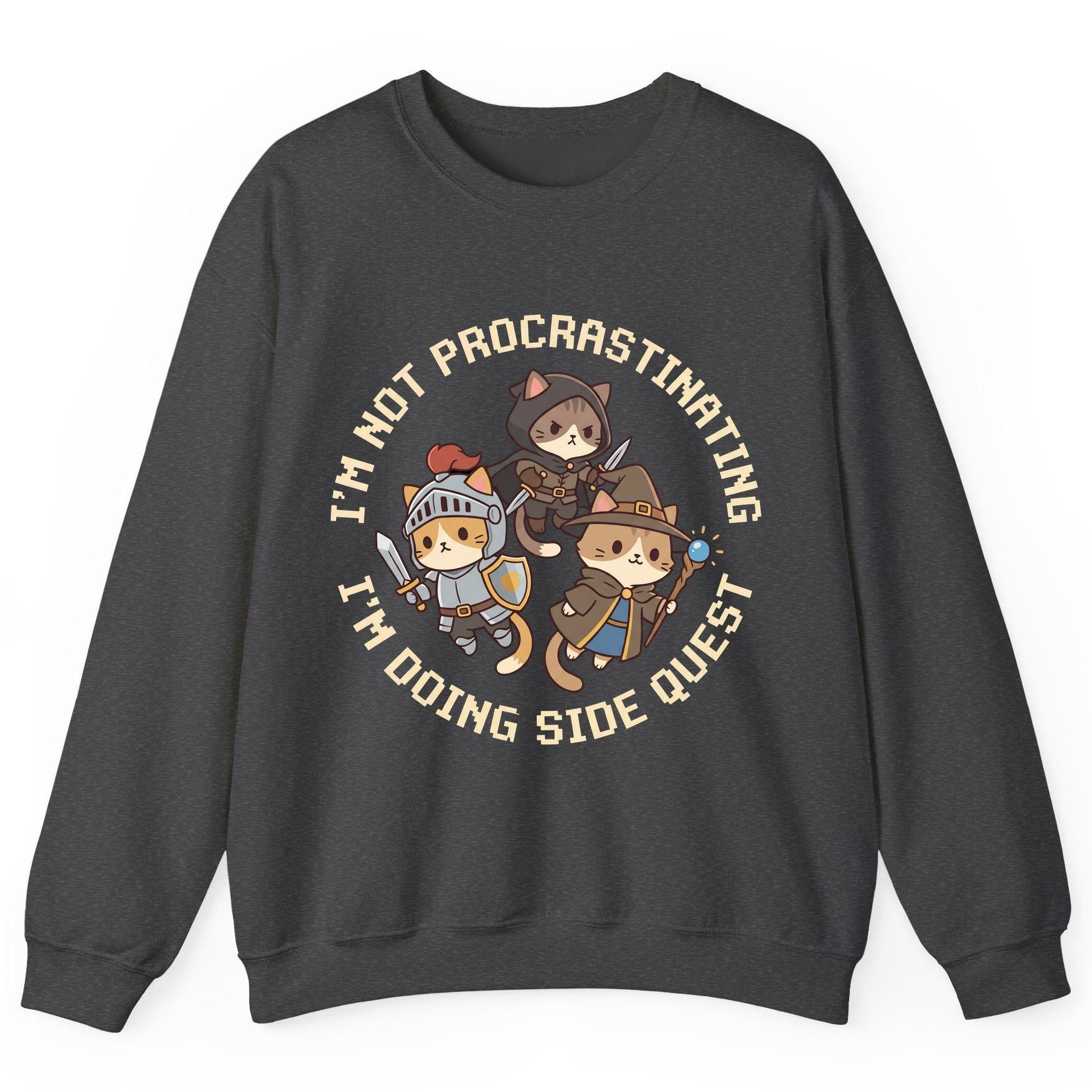 I'm Not Procrastinating I'm Doing Side Quest rpg cats Sweatshirt Dark Heather product mockup