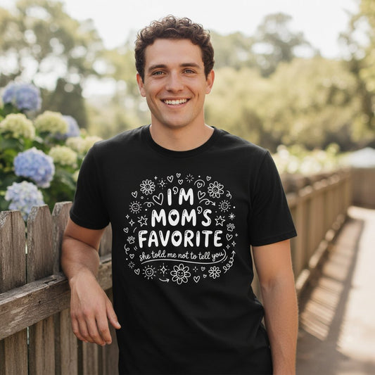 I'm Mom's Favorite (She Told Me Not to Tell You) family humor T-Shirt Black lifestyle mockup