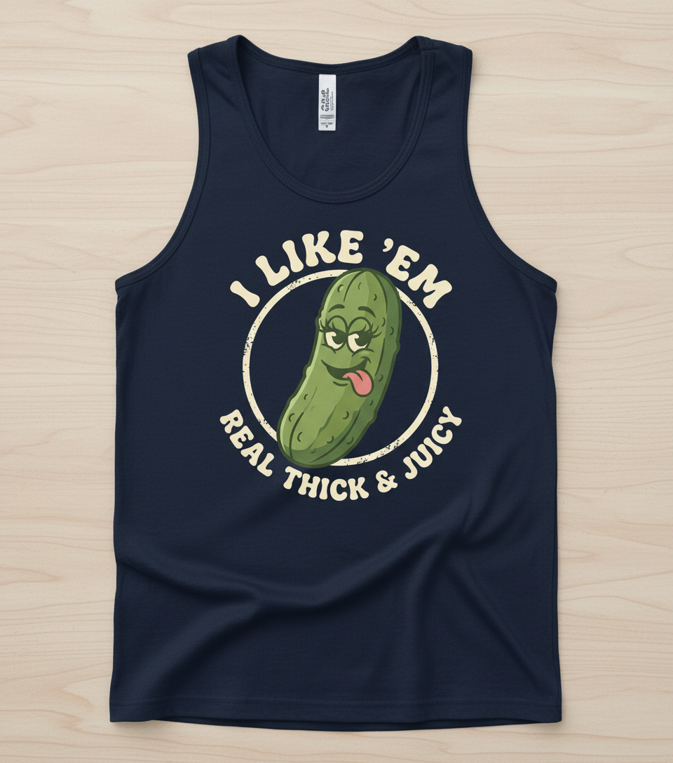 Funny Pickle 'I Like 'Em Real Thick & Juicy' Retro Design Tank Top - Navy
