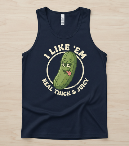 Funny Pickle 'I Like 'Em Real Thick & Juicy' Retro Design Tank Top - Navy