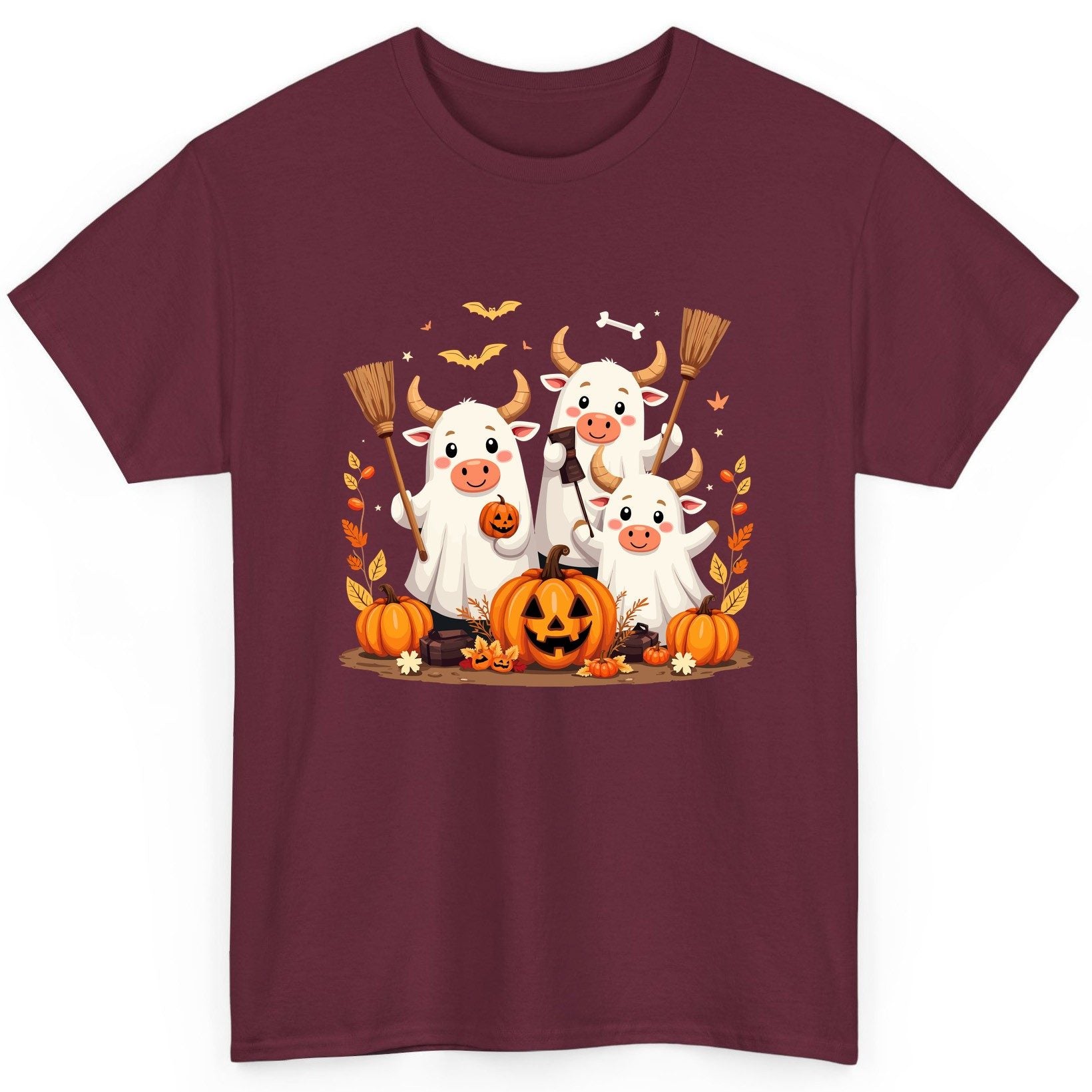Cute Ghost Cows Halloween cows T-Shirt Maroon product mockup