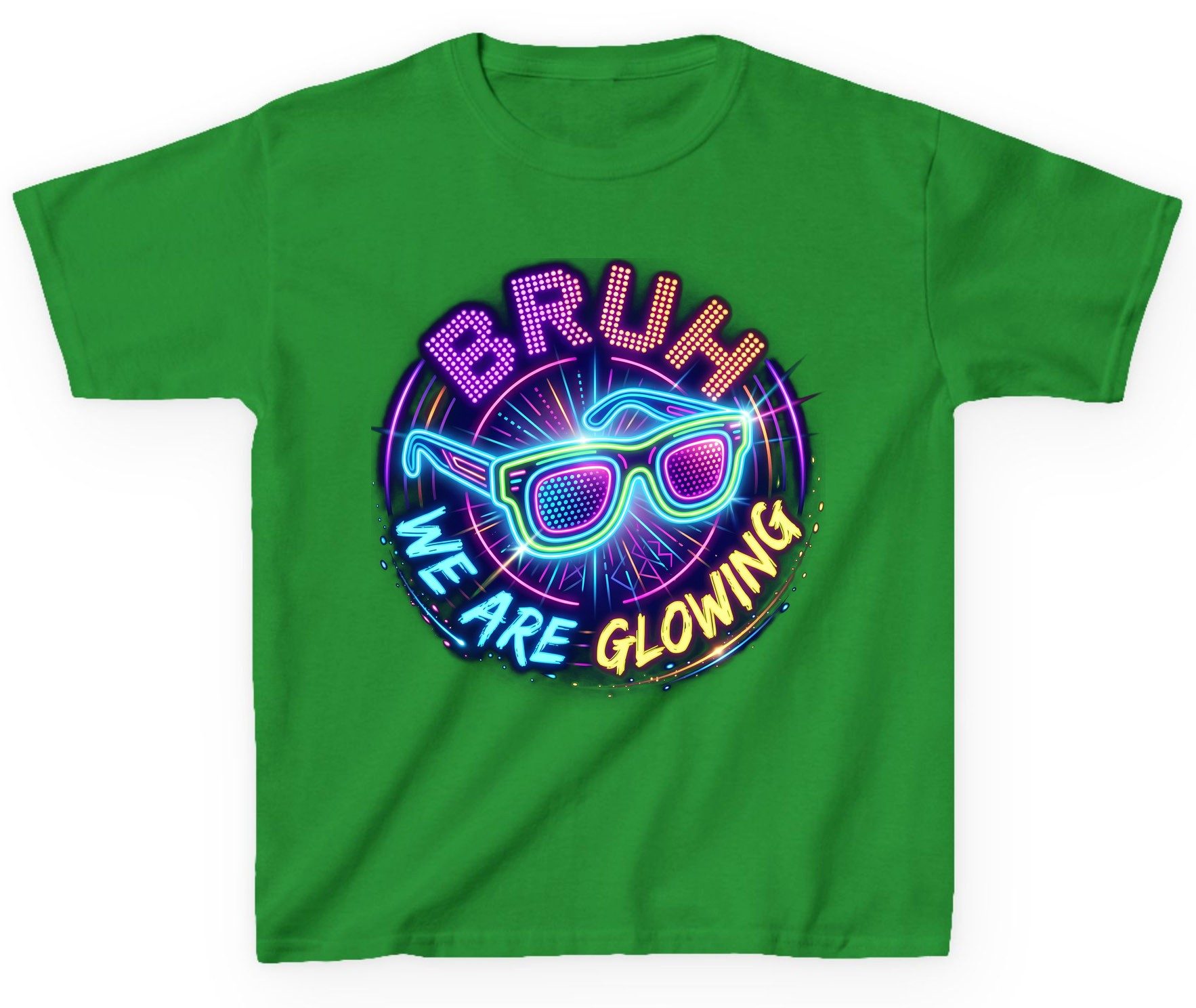 BRUH WE ARE GLOWING Neon Party Youth T-Shirt Irish Green product mockup