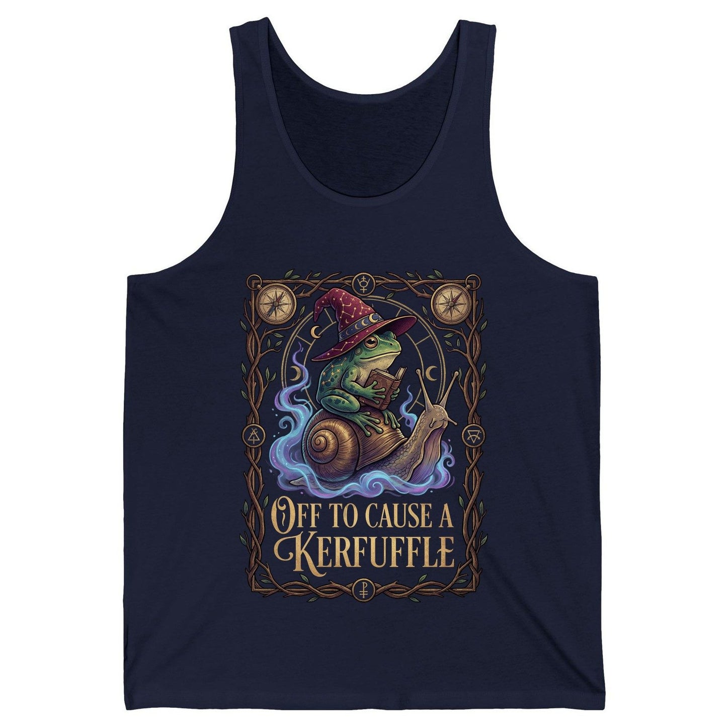 Off to Cause a Kerfuffle frog wizard Tank Top Navy product mockup