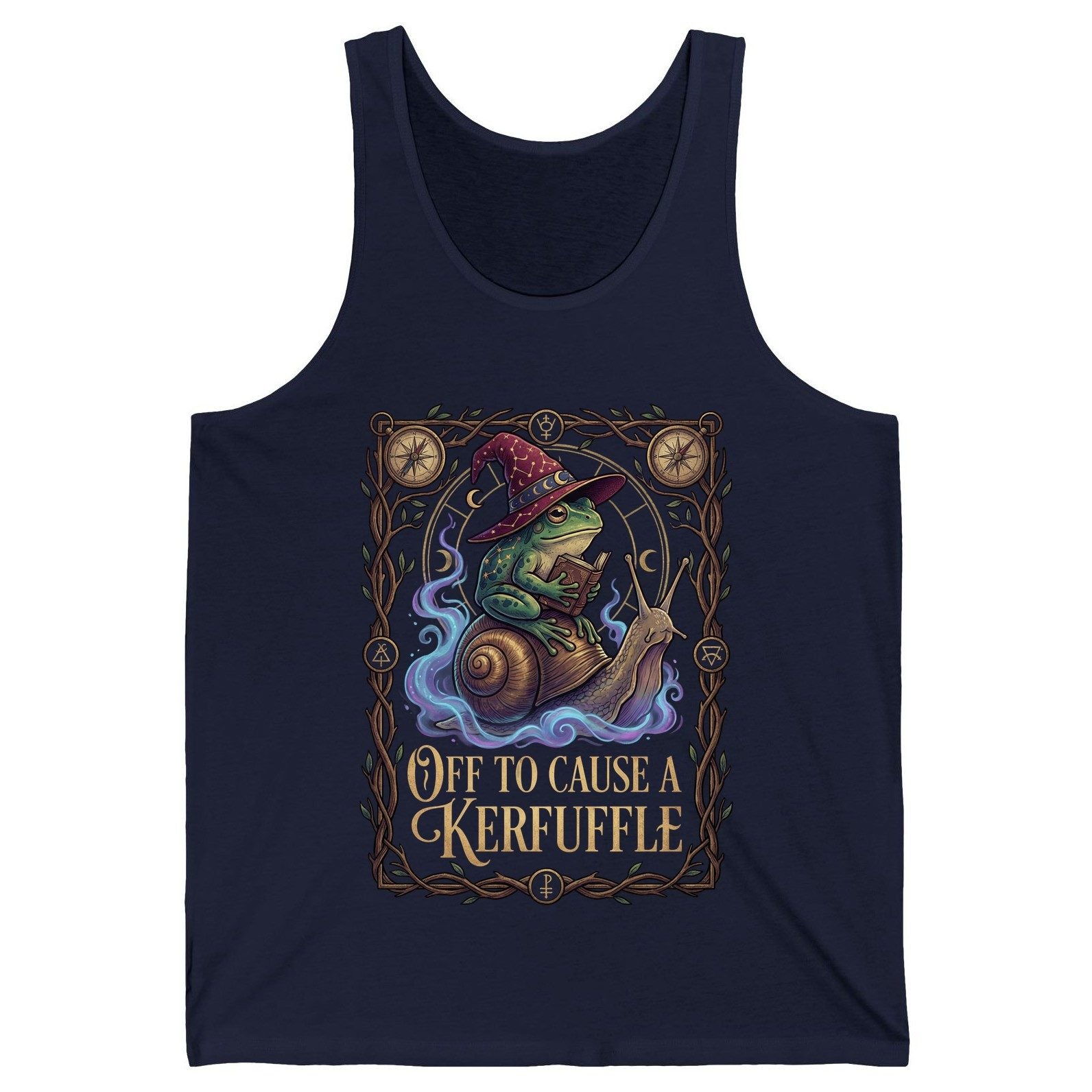 Off to Cause a Kerfuffle frog wizard Tank Top Navy product mockup