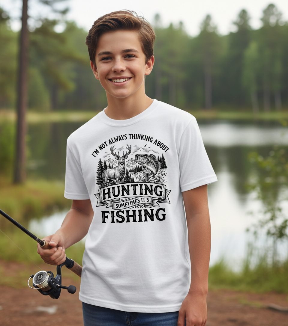 I'm Not Always Thinking About Hunting Sometimes It's Fishing hunting and fishing Youth T-Shirt White lifestyle mockup