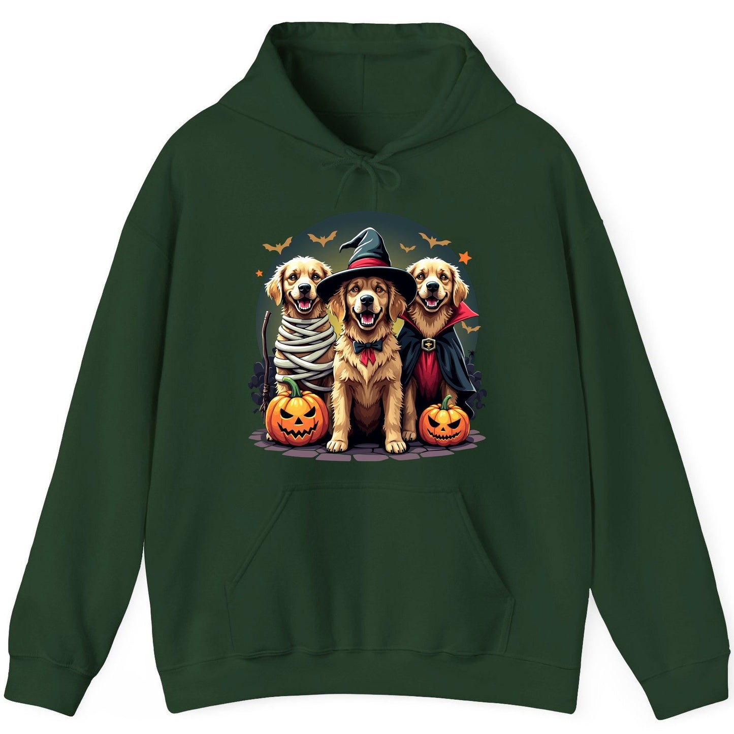 Golden Retriever Halloween Trio golden retriever Hoodie Forest Green product mockup