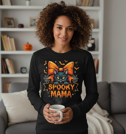 Spooky Mama black cat Long Sleeve Tee Black lifestyle mockup