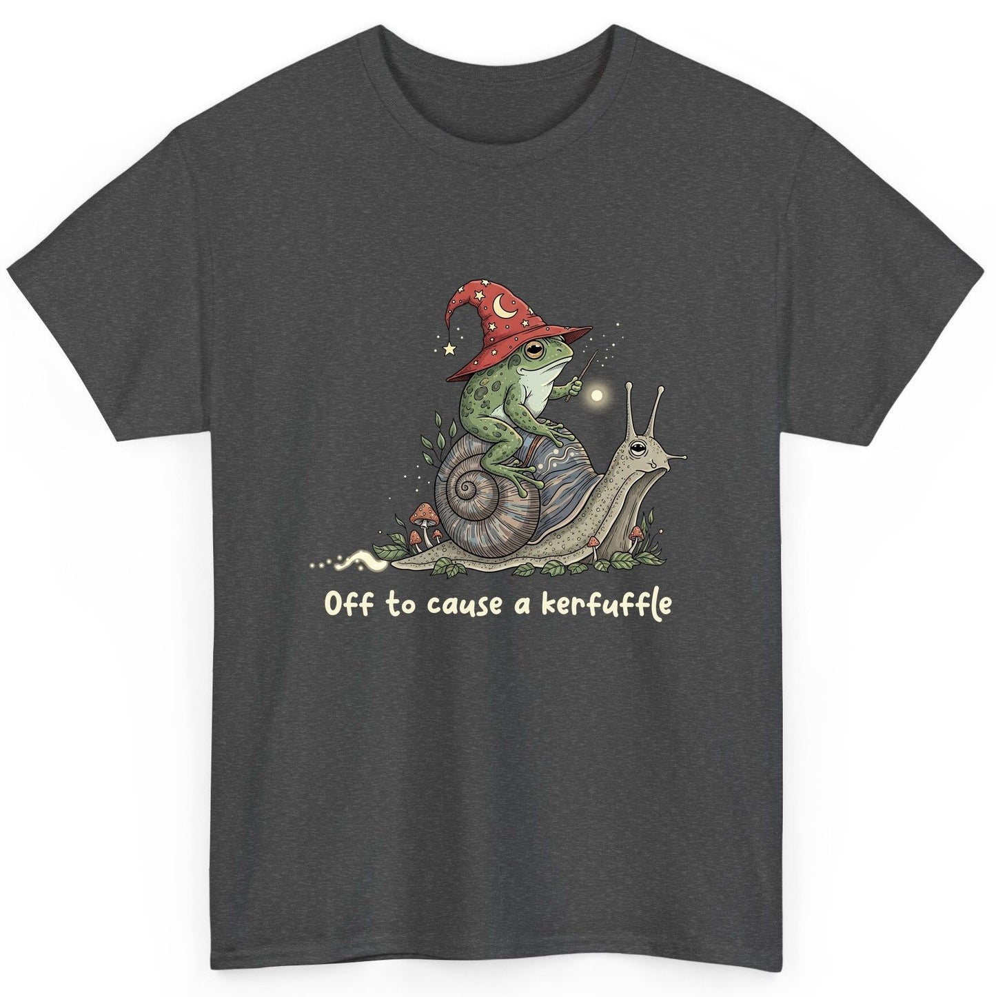 Off to Cause a Kerfuffle wizard frog T-Shirt Dark Heather product mockup