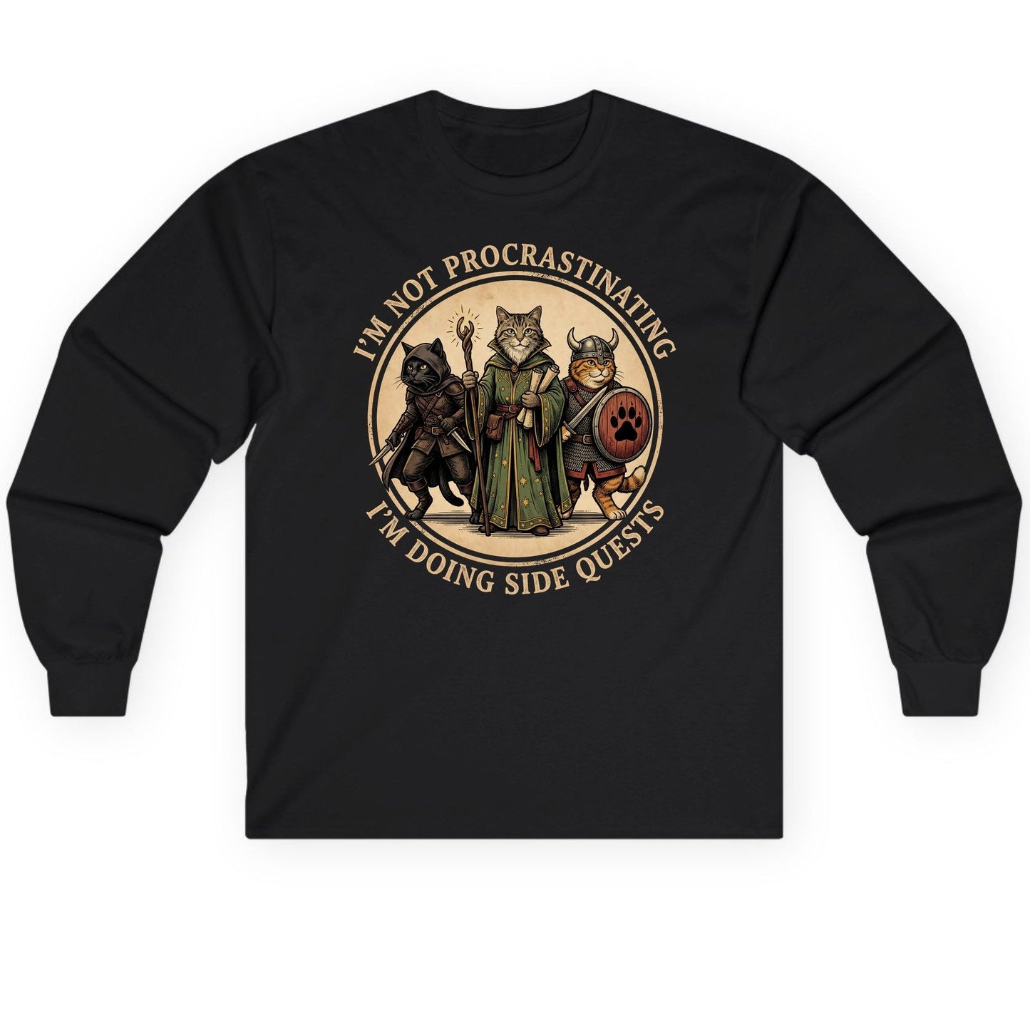 I'm Not Procrastinating I'm Doing Side Quests rpg cats Long Sleeve Tee Black product mockup
