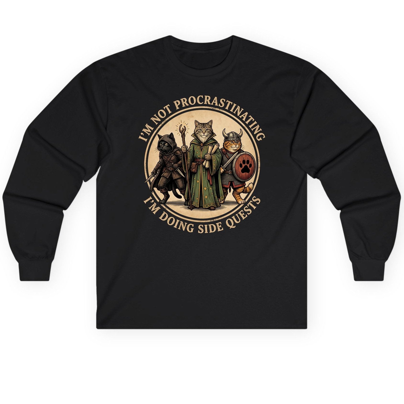 I'm Not Procrastinating I'm Doing Side Quests rpg cats Long Sleeve Tee Black product mockup