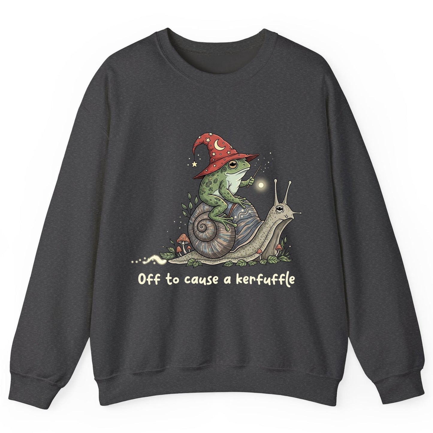 Off to Cause a Kerfuffle wizard frog Sweatshirt Dark Heather product mockup