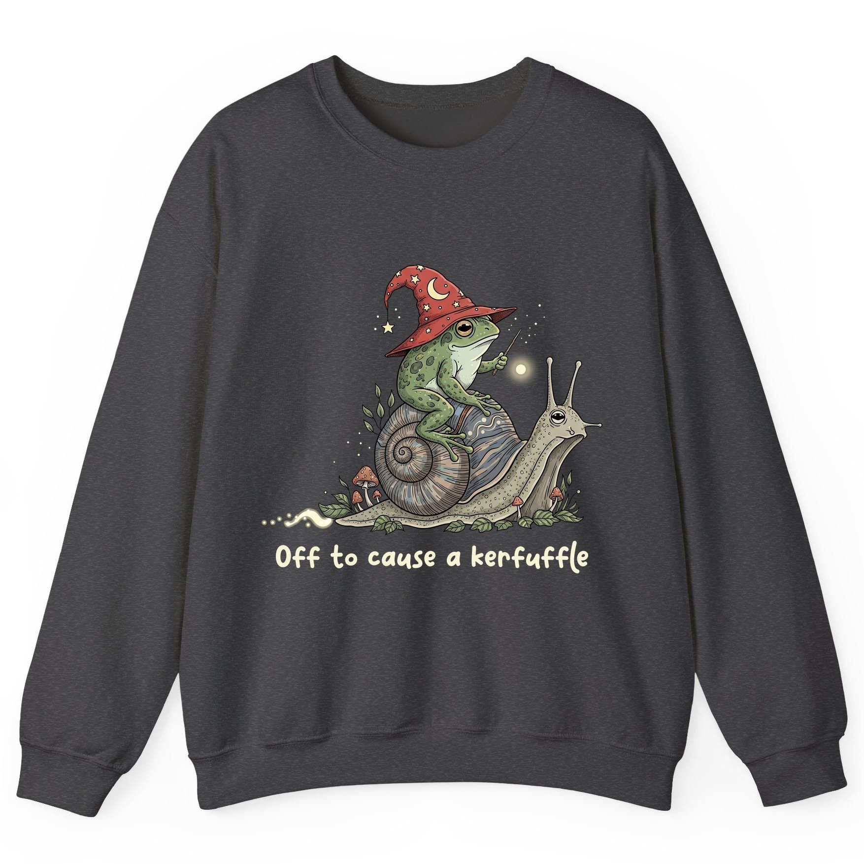 Off to Cause a Kerfuffle wizard frog Sweatshirt Dark Heather product mockup