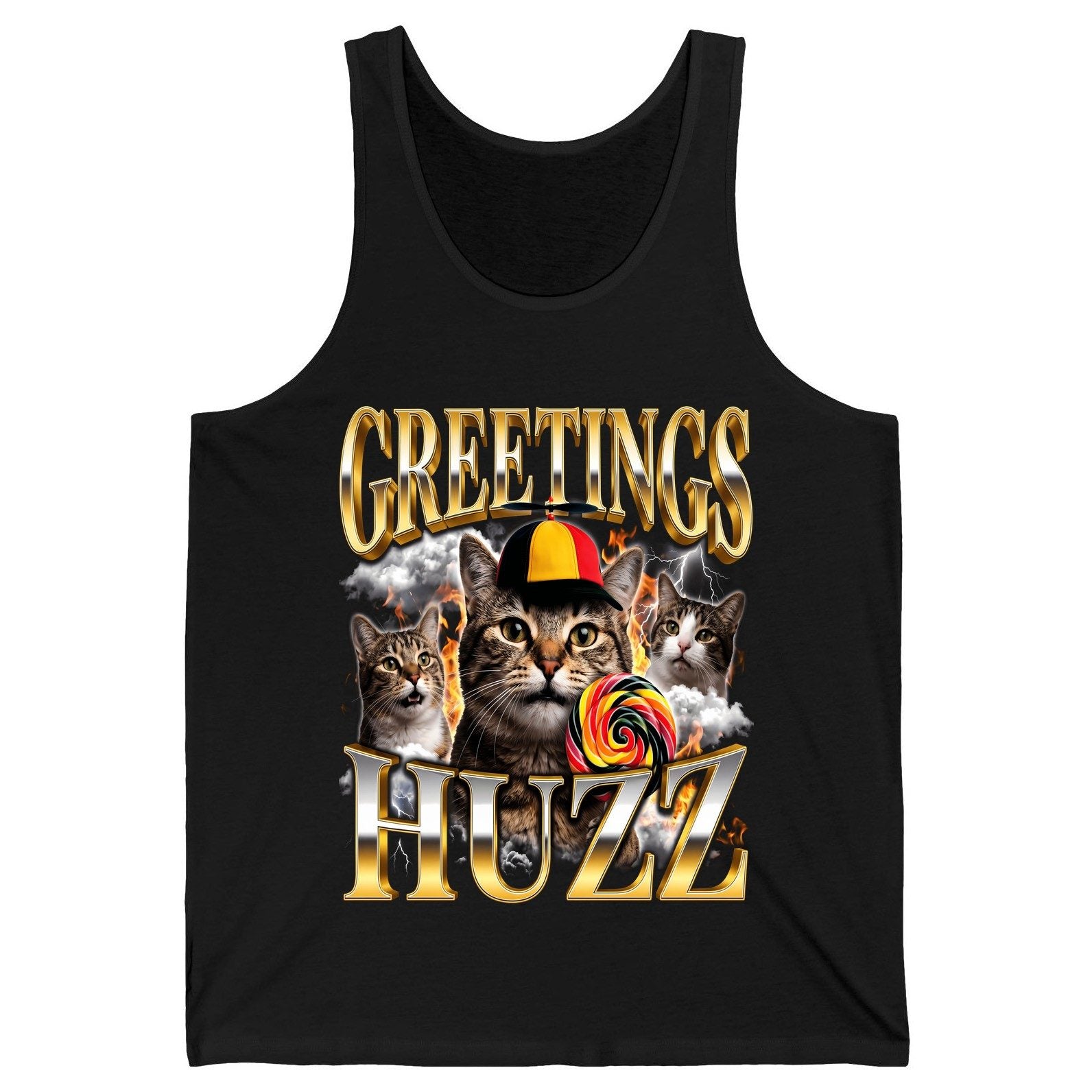 Greetings HUZZ Funny Cats Tank Top - product mockup - Black