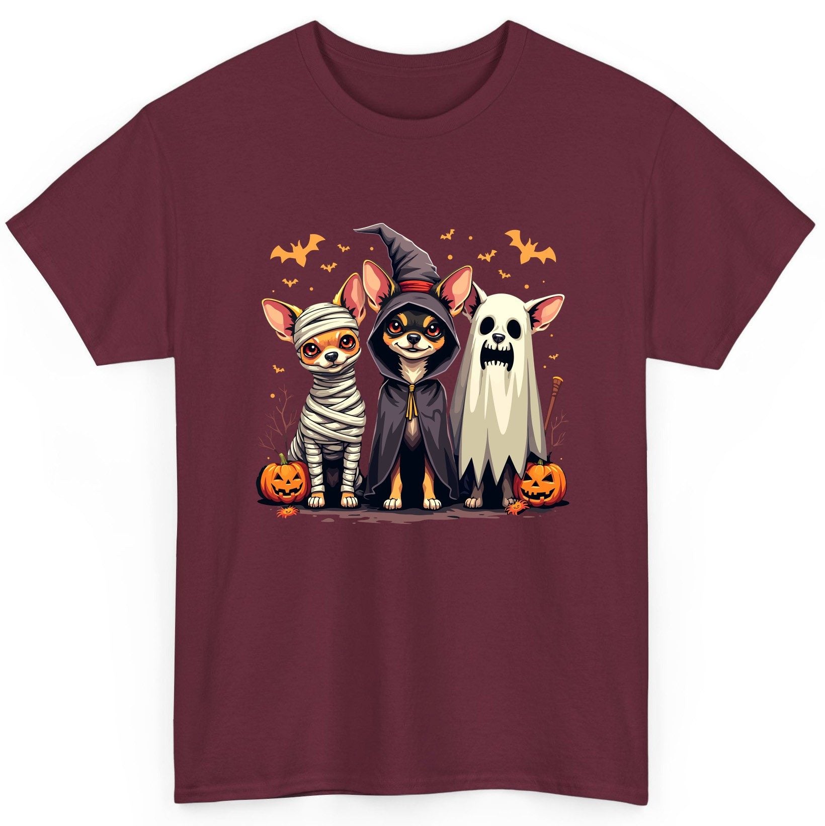 Chihuahua Halloween Costumes chihuahua dogs in Halloween costumes T-Shirt Maroon product mockup
