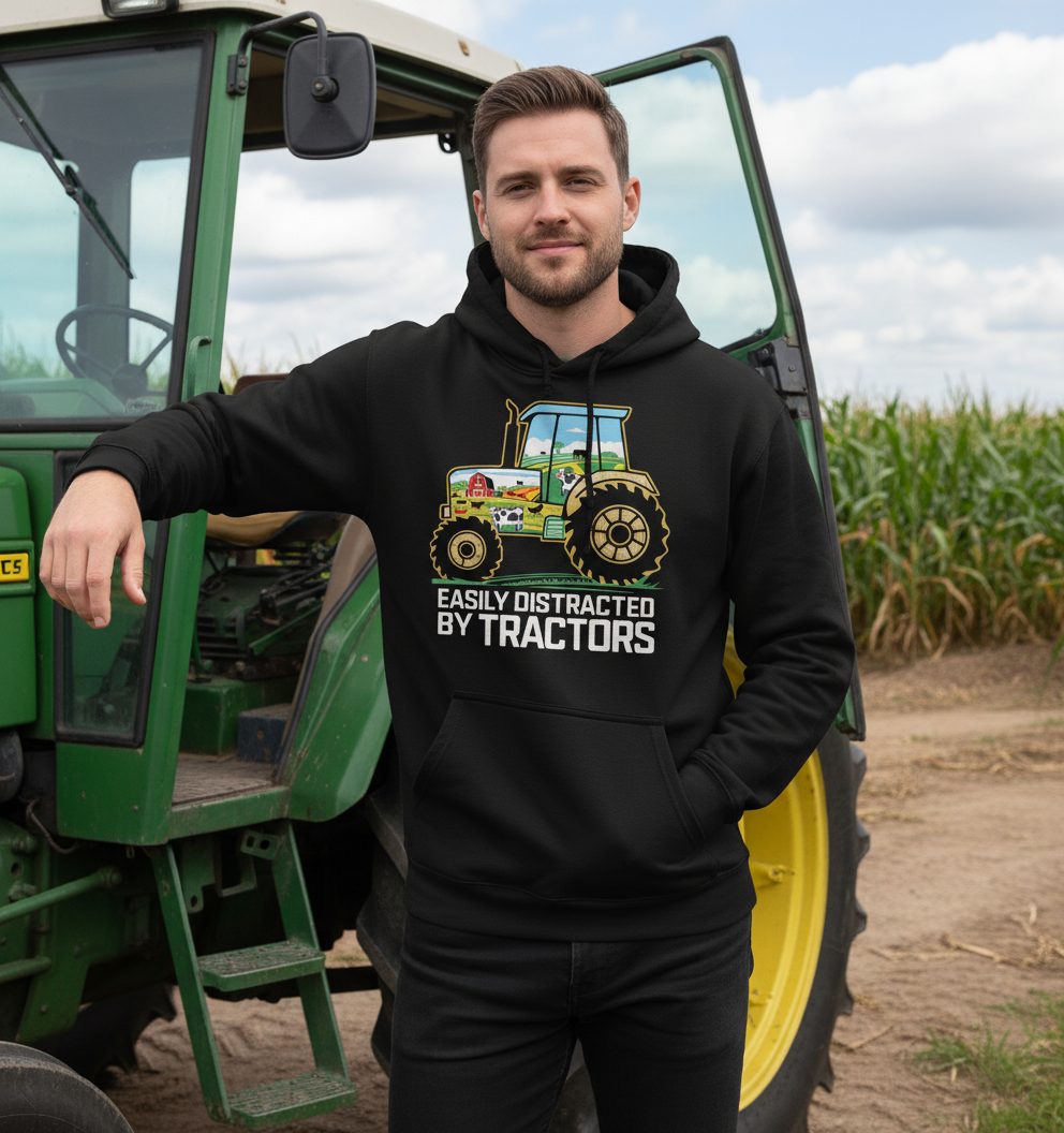 Easily Distracted by Tractors farming Hoodie Black lifestyle mockup