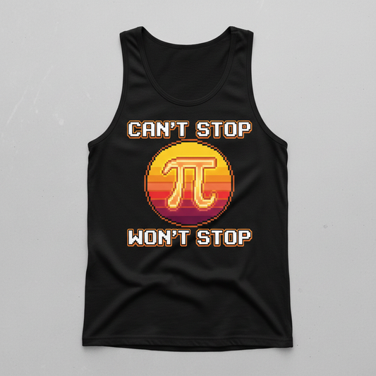 Can't Stop Won't Stop Pi Symbol Retro 8-Bit Math Pun Tank Top - Black