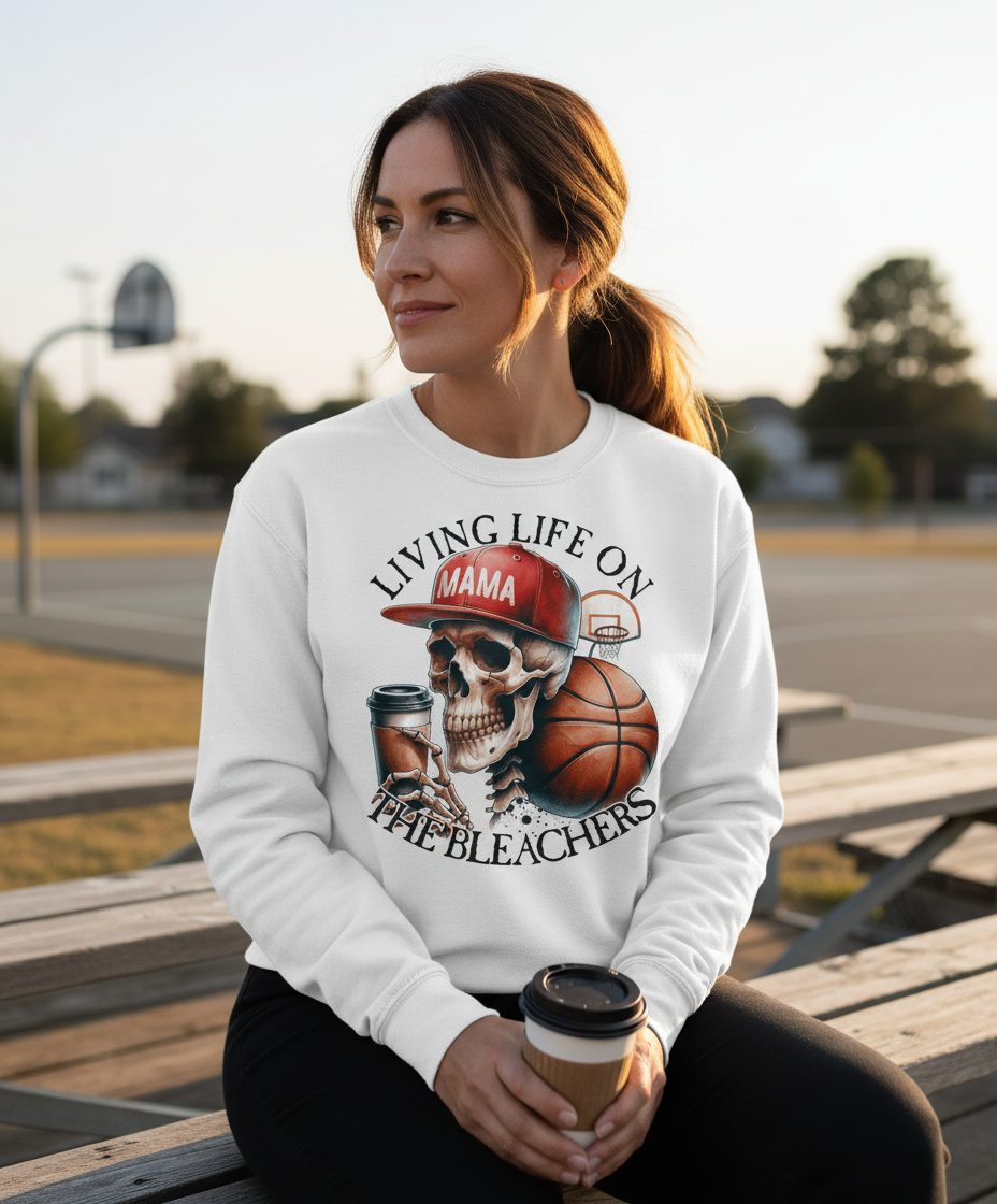 Living Life on the Bleachers Mama basketball mom Sweatshirt White lifestyle mockup