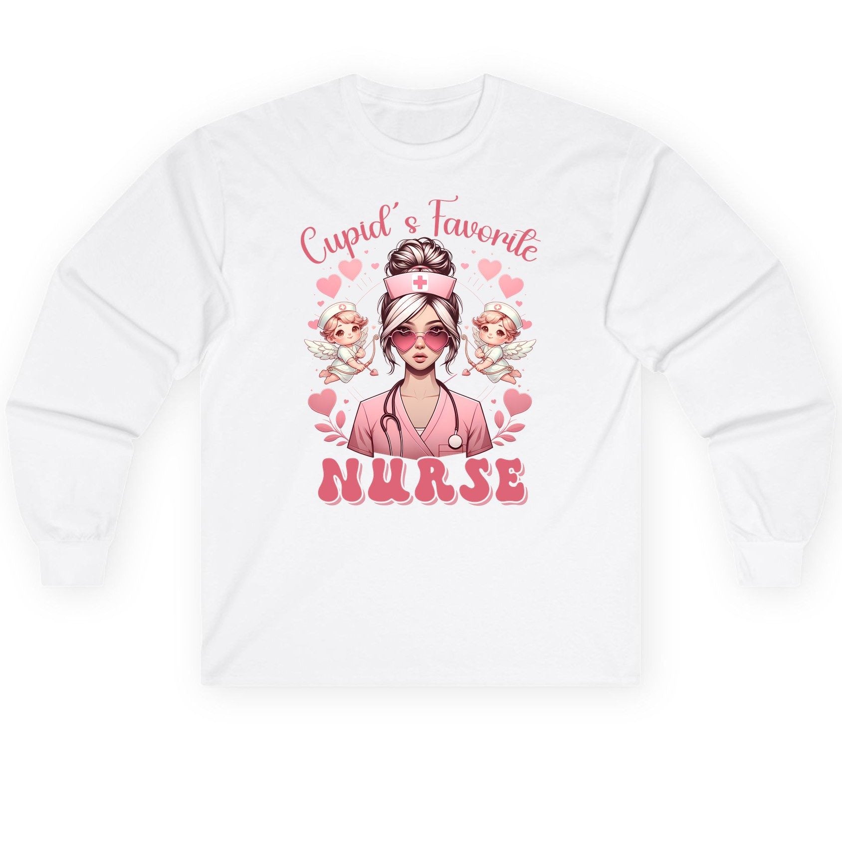 Cupid's Favorite Nurse nurse Long Sleeve Tee White product mockup