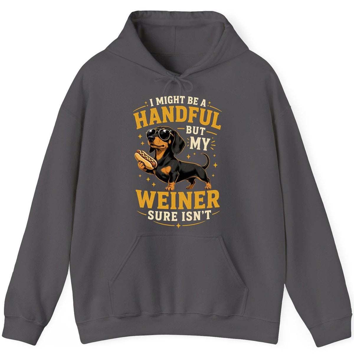 I Might Be a Handful but My Weiner Sure Isn't dachshund Hoodie Charcoal product mockup