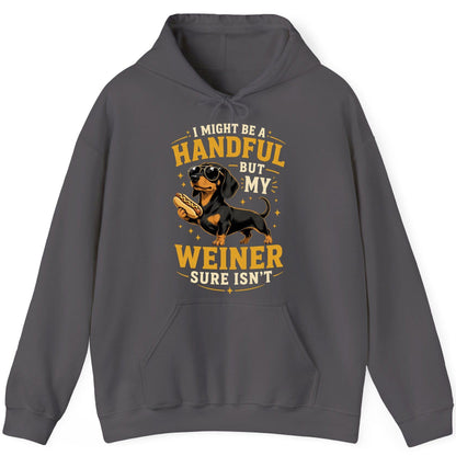 I Might Be a Handful but My Weiner Sure Isn't dachshund Hoodie Charcoal product mockup