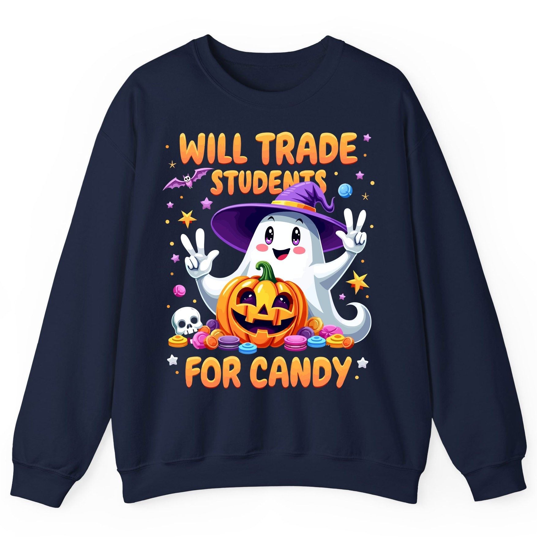 Will Trade Students for Candy teacher Halloween Sweatshirt Navy product mockup