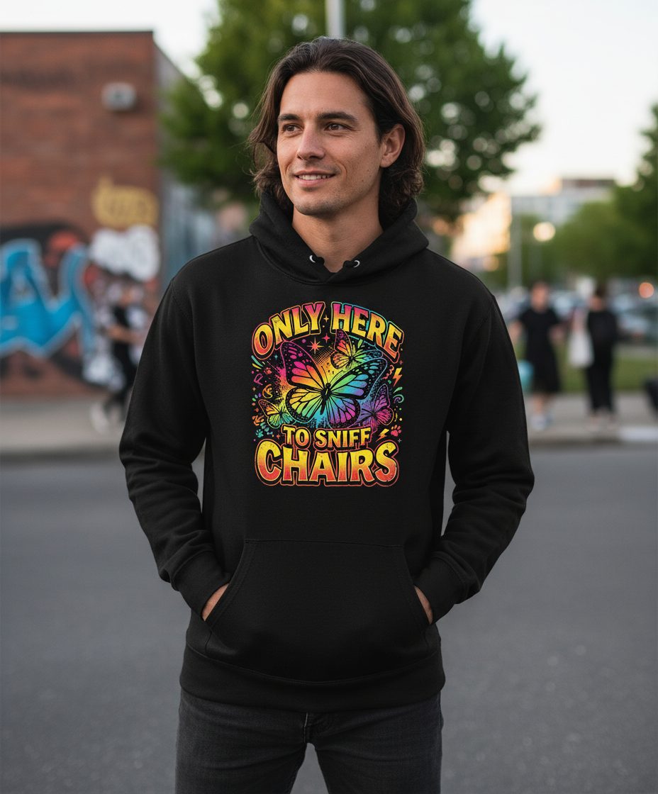 ONLY HERE TO SNIFF CHAIRS Funny Meme Hoodie - lifestyle model mockup - Black