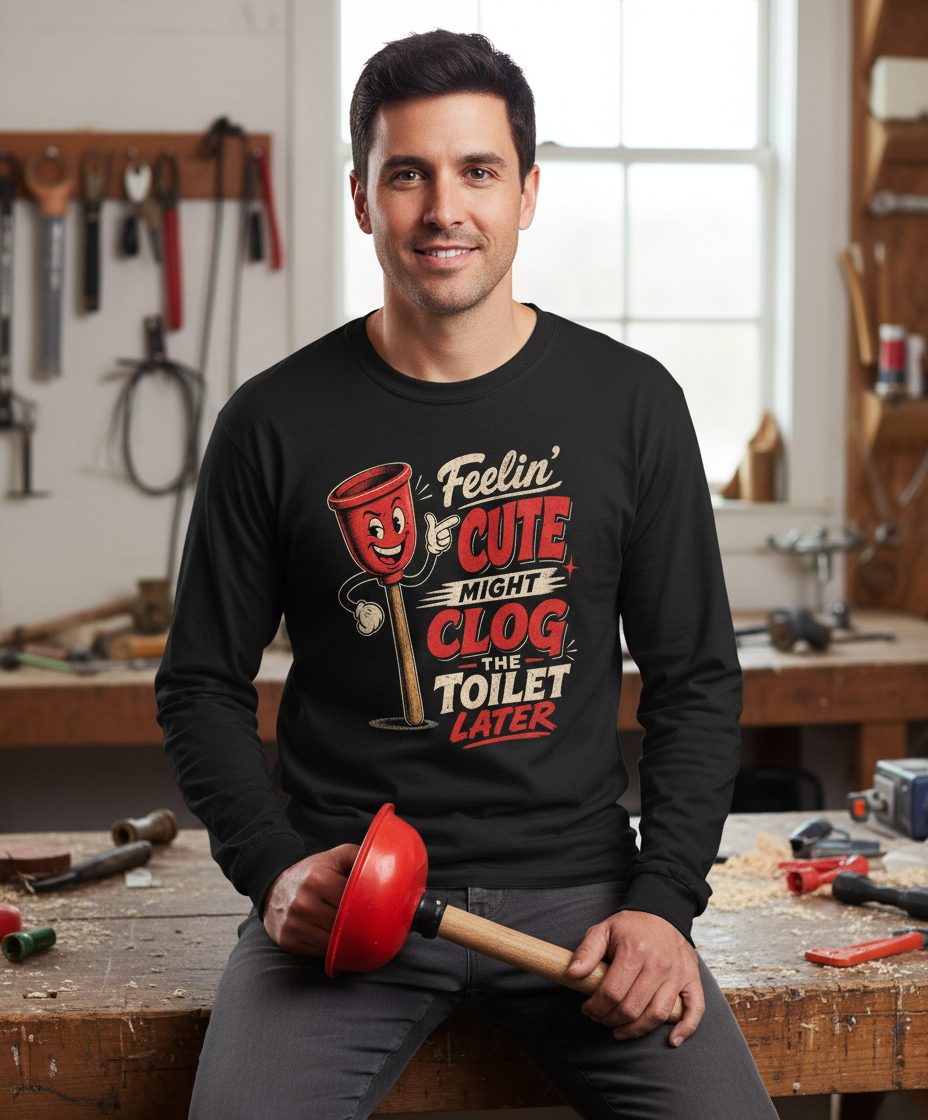 Feelin' Cute Might Clog the Toilet Later Funny Plunger Long Sleeve Tee - lifestyle model mockup - Black