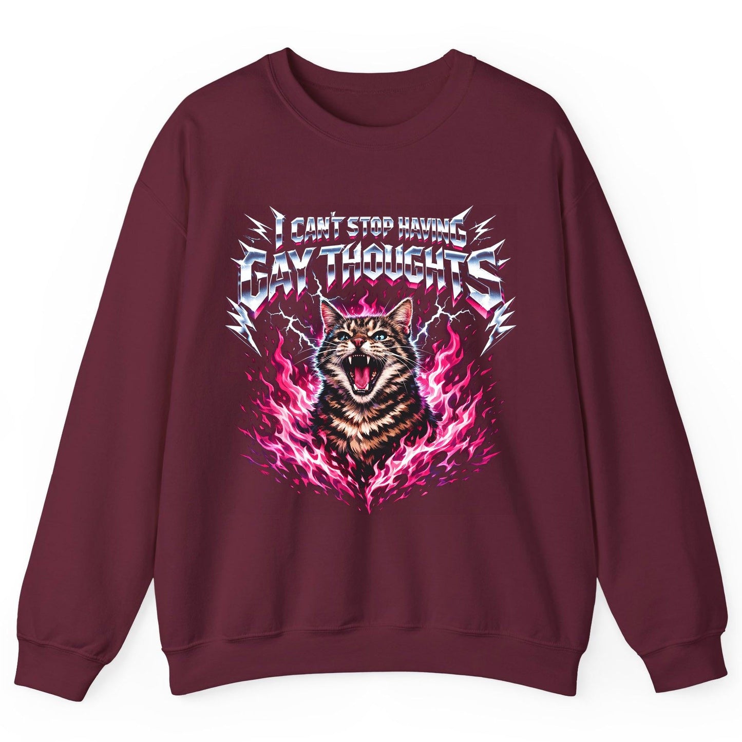 I Can't Stop Having Gay Thoughts cat Sweatshirt Maroon product mockup