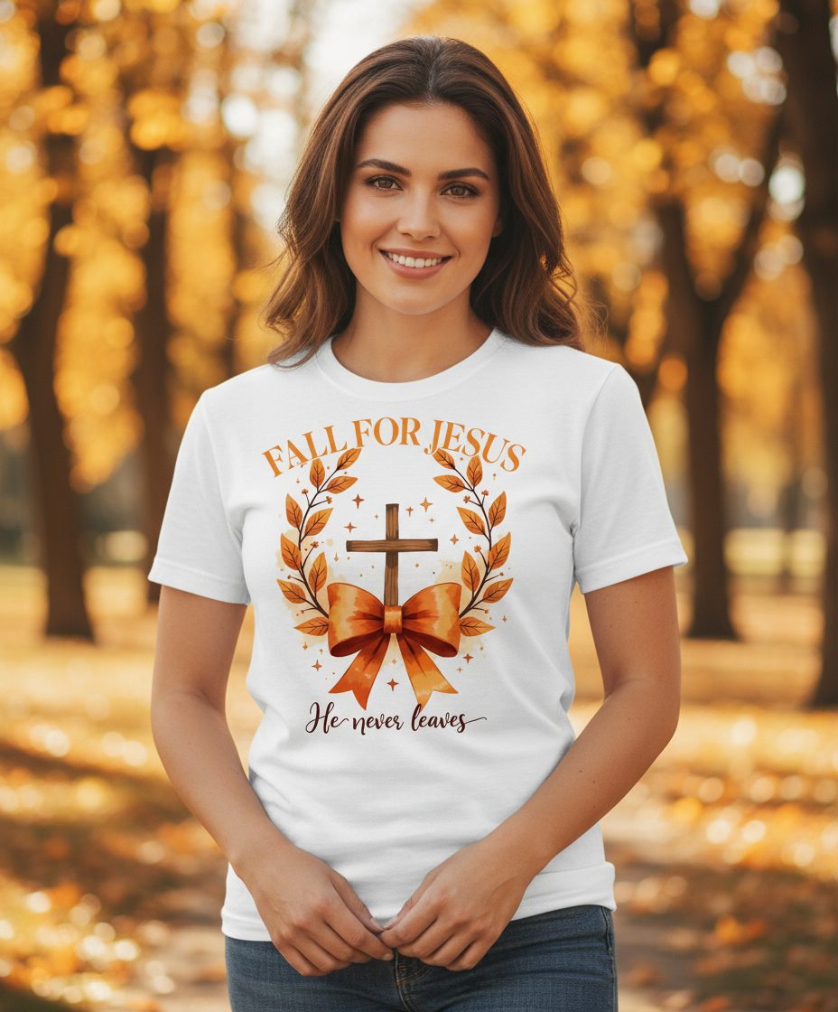 Fall for Jesus He Never Leaves christian faith T-Shirt White lifestyle mockup