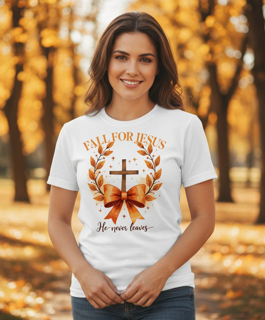Fall for Jesus He Never Leaves christian faith T-Shirt White lifestyle mockup