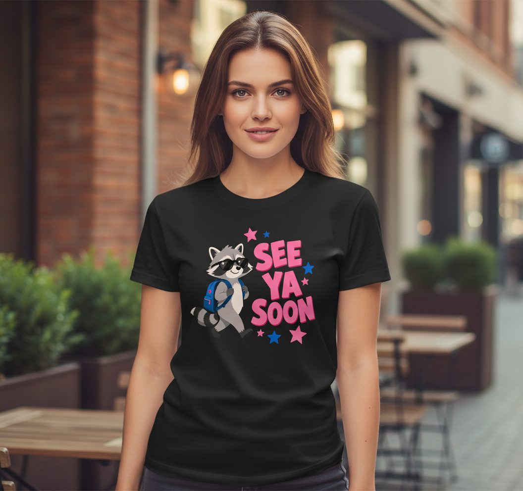 See Ya Soon Raccoon T-Shirt - lifestyle model mockup - Black