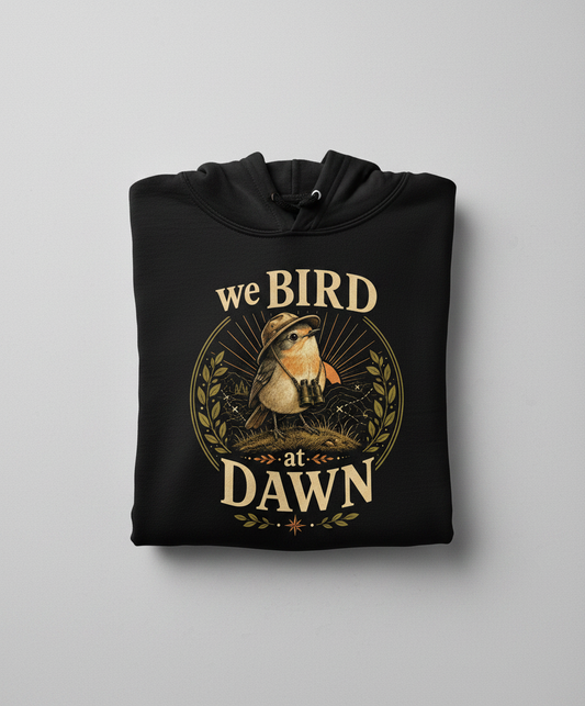 Funny We Bird At Dawn Hoodie - product mockup - Black