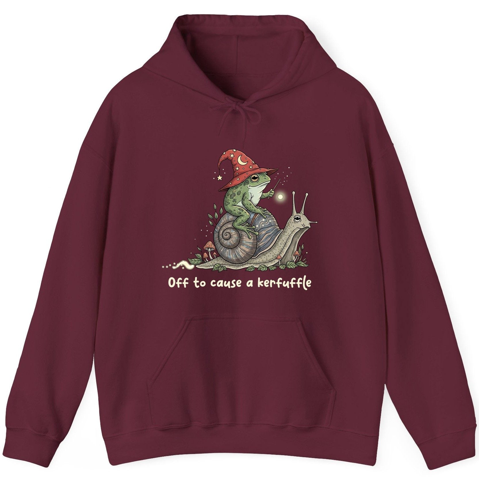 Off to Cause a Kerfuffle wizard frog Hoodie Maroon product mockup