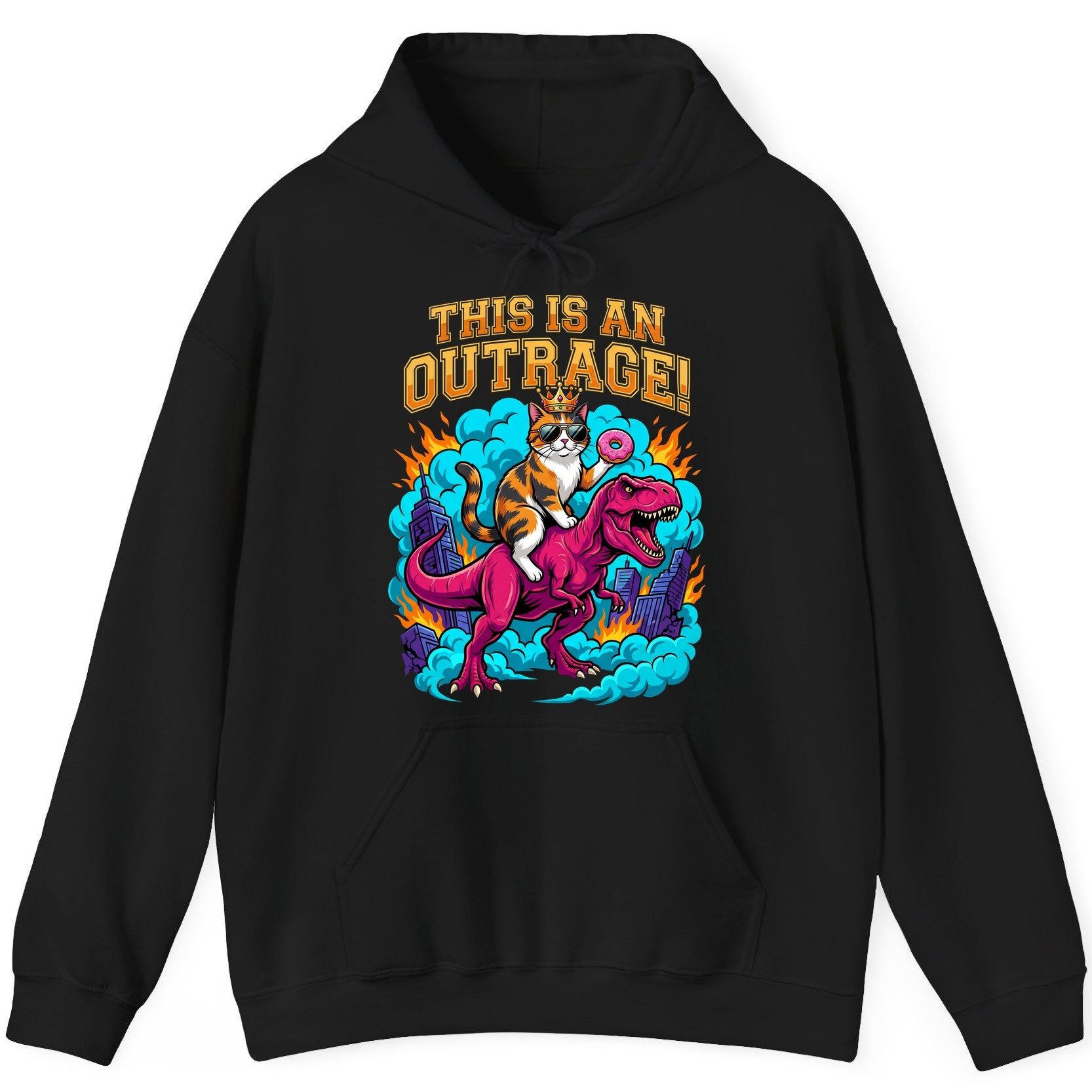 THIS IS AN OUTRAGE! Cat riding a T-Rex Hoodie Black product mockup