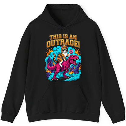 THIS IS AN OUTRAGE! Cat riding a T-Rex Hoodie Black product mockup