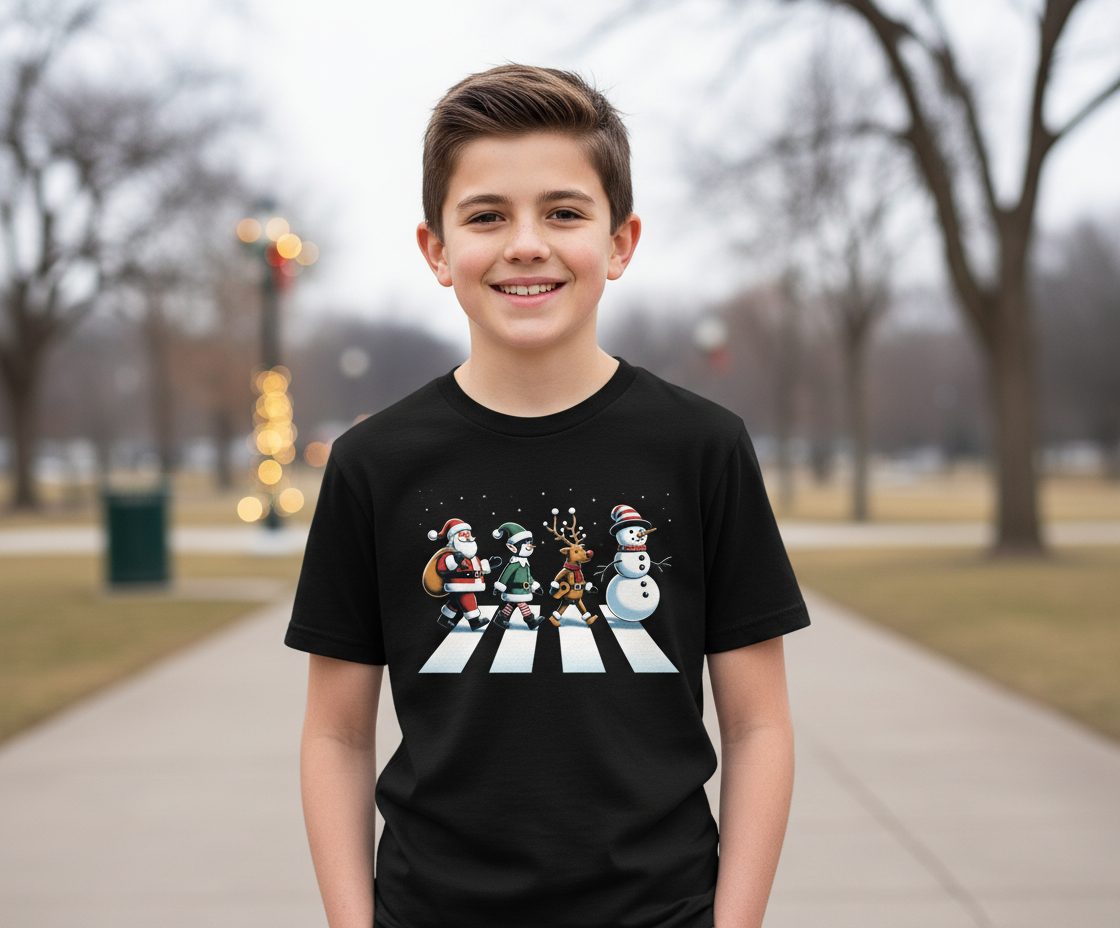 Christmas Abbey Road Parody Christmas abbey road parody Youth T-Shirt Black lifestyle mockup