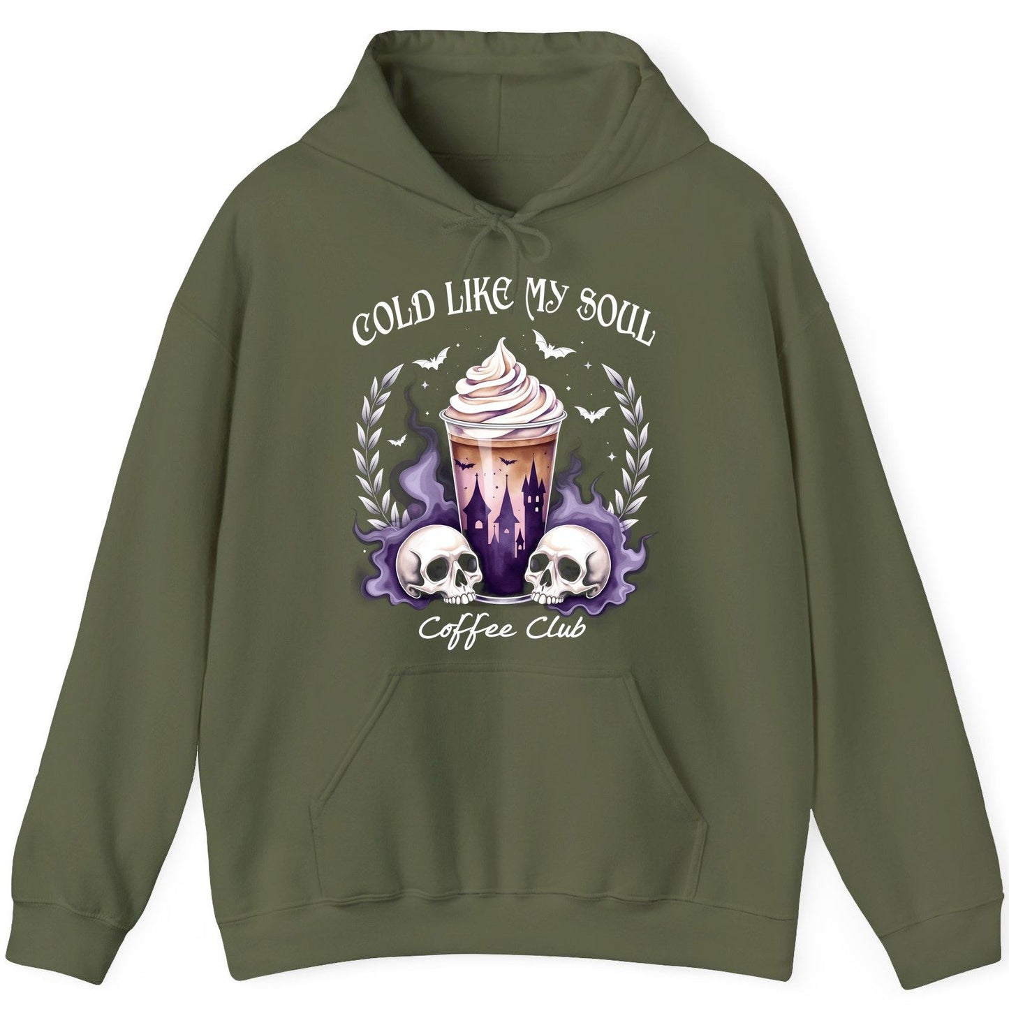 Cold Like My Soul Coffee Club gothic iced coffee Hoodie Military Green product mockup