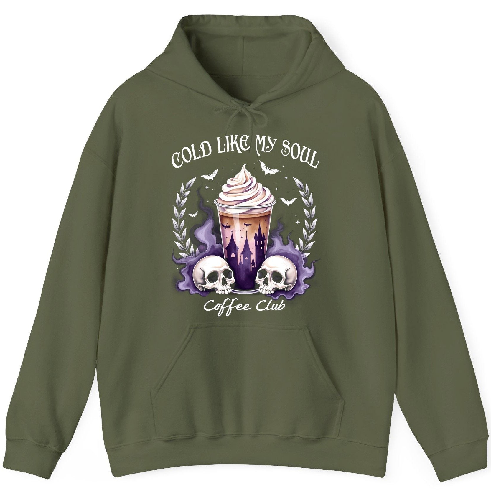 Cold Like My Soul Coffee Club gothic iced coffee Hoodie Military Green product mockup
