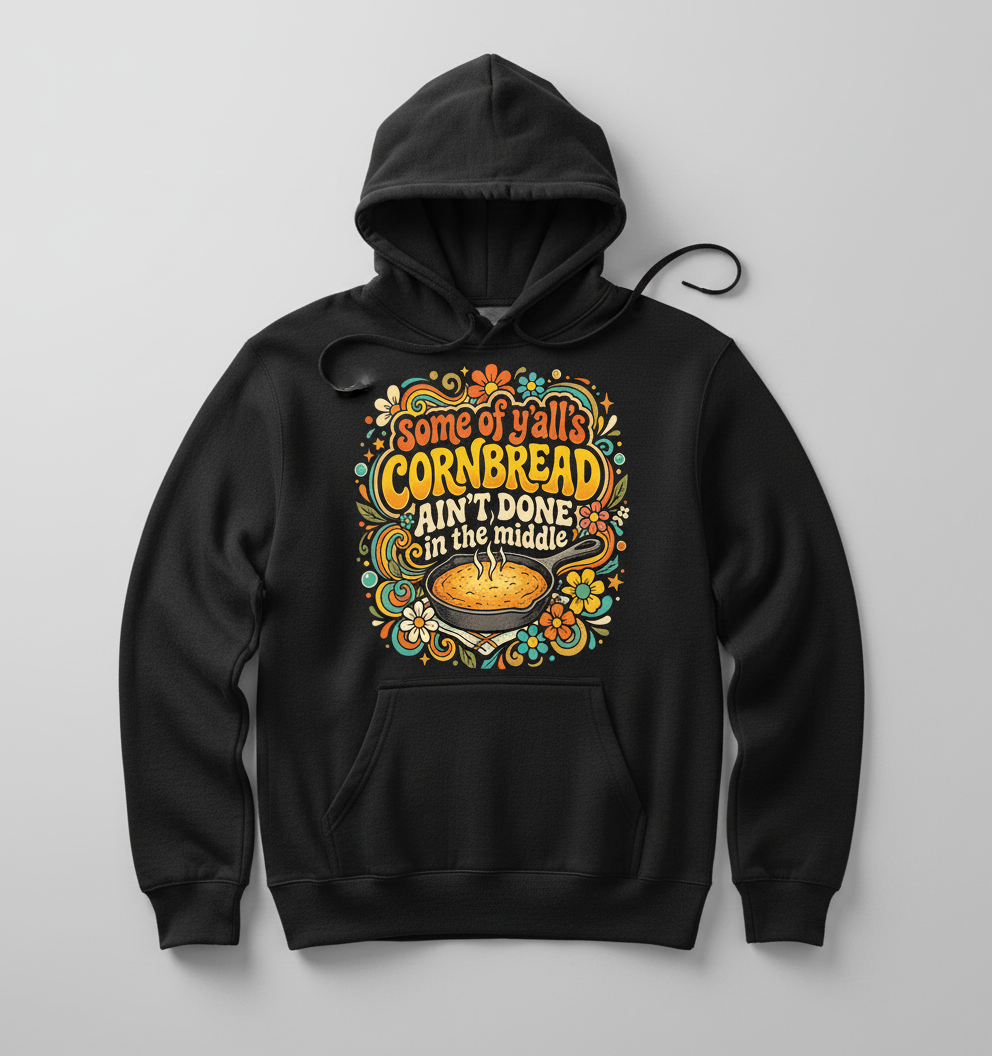 Funny Southern Saying 'Cornbread Ain't Done' Retro 70s Design Hoodie - Black